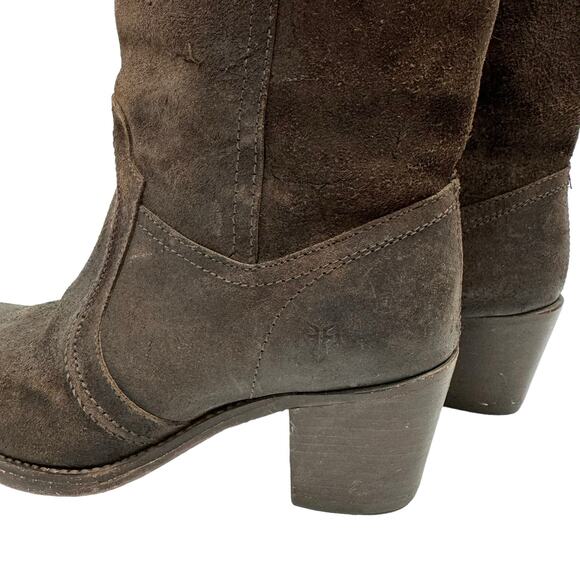 Frye Jean Jane Brown Roughout Leather Stitched Pull On Tall Riding Western Boots - Picture 8 of 12